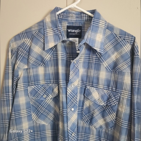 M77 Wrangler Western Shirts Blue & White Plaid Pearly White Snaps Size Lrg Tall - Picture 2 of 8